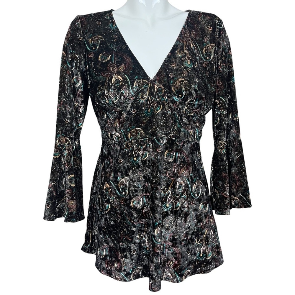 Venus Velour Black Bohemian V Neck Empire Waist Bell Sleeve Top Large